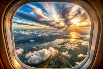 Airplane window view of coastal city at sunset with dramatic clouds