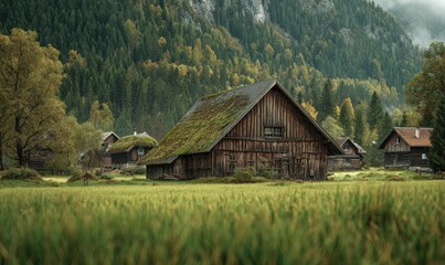 Fototapeta premium Rustic wooden chalet nestled in a valley