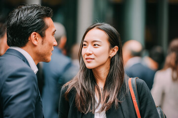 A networking reception, businesspeople engage in lively conversation, sealing new partnership with smiling. The setting is casual yet professional, encouraging open dialogue.