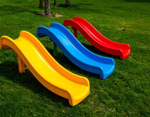 Colorful plastic slides on green grass