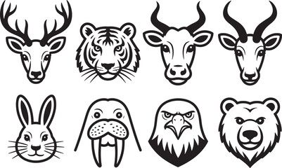 Obraz premium A fun vector cartoon illustration set of funny farm animal head icons with cute characters like a cow, dog, cat, pig, and sheep
