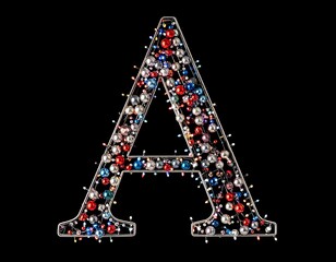 Capital letter A formed from decorative lights and baubles