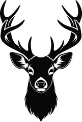 Naklejka premium Deer head illustration, black and white deer, stylized antler design, symmetrical wildlife vector, majestic animal graphic, tattoo icon, nature emblem art