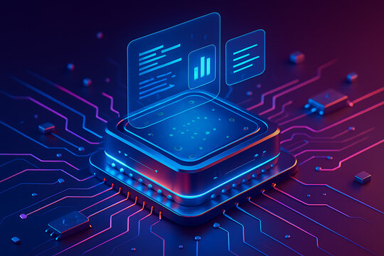 Digital transformation concept: a glowing microchip sits on a circuit board with holographic data screens floating above, illustrating advanced data processing and modern technology - Powered by Adobe