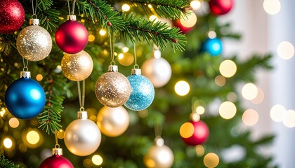 Fototapeta premium ornaments hanging from branch of Christmas tree with string lights