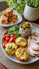 Deliciously arranged meal with egg muffins, sliced turkey, fresh salad, cherry tomatoes, olives, and savory bars on a decorative plate