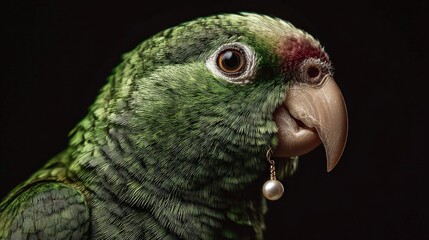 Obraz premium Elegant Green Parrot with Earring Accessory against Dark Background, Showcasing Vibrant Feathers and Striking Eye Details in Close-Up Portrait