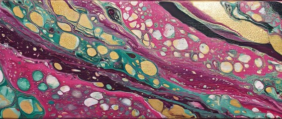 An abstract fluid acrylic artwork characterized by swirling patterns of teal, gold, pink, and purple colors