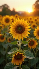 Obraz premium A field of sunflowers with the sun setting in the background.