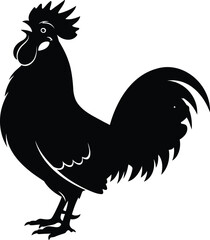 Rooster silhouette vector illustration in black with detailed tail feathers on white background