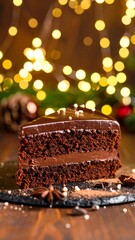Chocolate cake slice, festive background