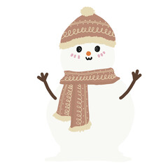 Cute snowman with brown winter hat and scarf, smiling character for Christmas and New Year holiday design
