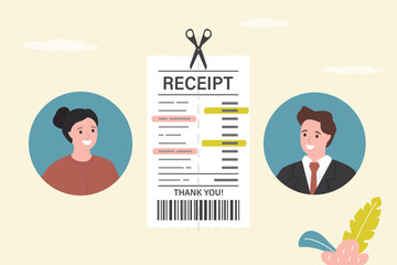 Obraz premium Two different characters sharing receipt as they split expenses. Equality, reflecting modern financial habits. Male and female persons standing near paper receipt.
