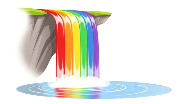 A vibrant rainbow waterfall cascades down a rocky cliff into a serene pool, isolated on white background, creating a magical and colorful scene