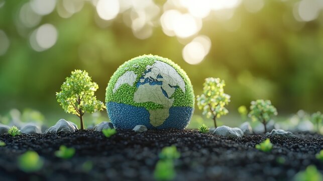 Green planet earth 3 d model with trees and sunlight