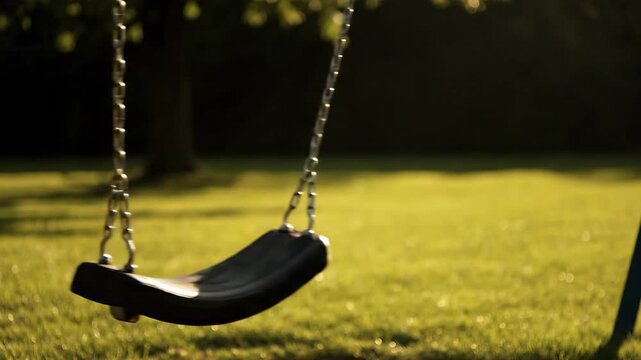 An empty swing set on green grass in the park