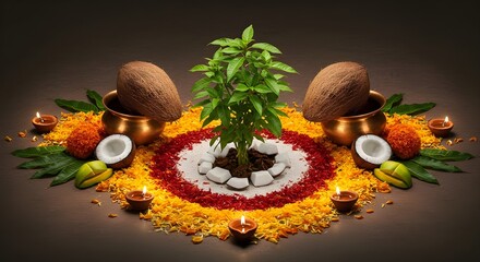Vibrant ritual arrangement featuring green plant, coconuts, rice, flowers, and glowing lamps.