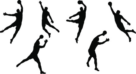 Dynamic basketball player silhouettes in action poses with ball, slam dunk, jump shot, sports energy, athletic movement, competitive game illustration