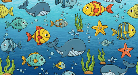 Naklejka premium Playful underwater scene filled with colorful fish, whales, and marine plants