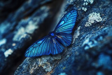 A vibrant blue butterfly rests on a dark, textured rock, showcasing intricate wing details.