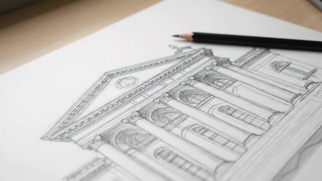 Architectural Sketch of a Classical Building with Pencil