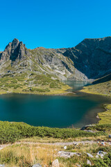 Mountain view of the Rila Mountains in Bulgaria. Seven Rila Lake hike. Eco trails. Connection with nature.	