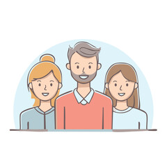 Teamwork illustration of a man with a beard and two women with different colored hair standing next to each other