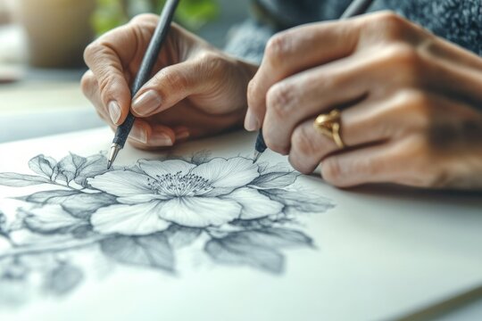 Close-up of hands meticulously sketching a detailed floral design using pencils. - Powered by Adobe