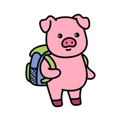 Pink Pig Cartoon Illustration Standing with Backpack on Transparent Background