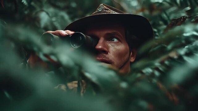Adventurous man using binoculars in dense green jungle foliage keen eyes searching hidden in natural setting