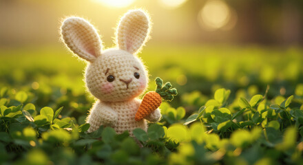 A chibi-style knitted rabbit with oversized floppy ears, holding a tiny crochet carrot, sitting in a patch of clover, macro photography, soft focus, warm sunlight