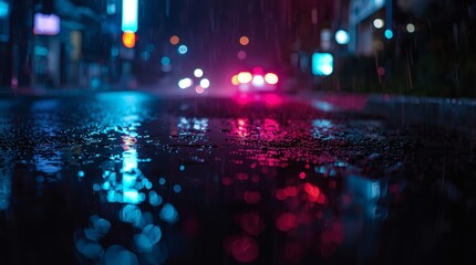 Cinematic Urban Street Scene with Neon Reflections in Rainy Puddles at Night for Moody Atmosphere