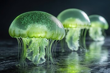 Three translucent green jellyfish with speckled bells gracefully float in dark water.