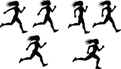 Dynamic girl running silhouette collection, athletic female vector poses, active child movement illustration, sports exercise design, fitness activity concept for animation