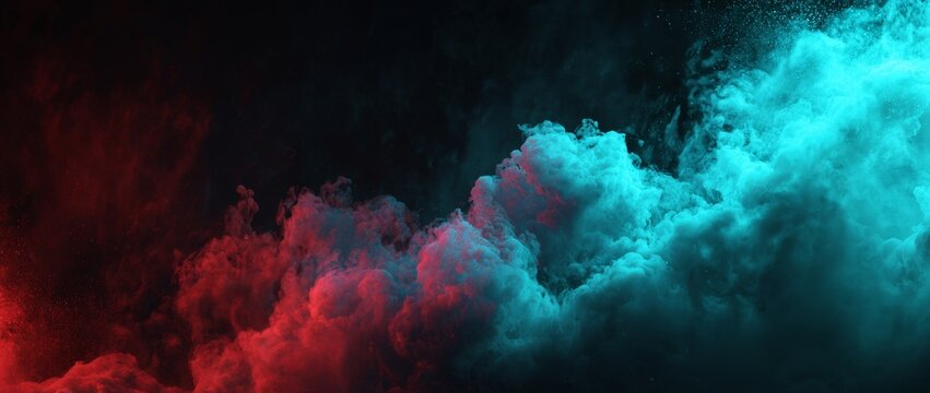 Against a black background, an abstract texture featuring blurred wisps and space is formed by swirling cyan and red smoke