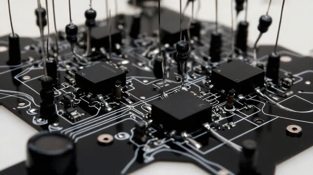 Close-up shot of various electronic parts on a clean white background, ideal for tech-related projects or designs