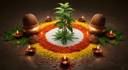 Sacred ritual setup featuring coconuts in brass bowls, marigold petals, and oil lamps.
