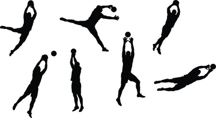 Dynamic silhouettes of athletes in action playing ball sports, jumping, catching, throwing, teamwork, fitness, competition, movement, energy, performance