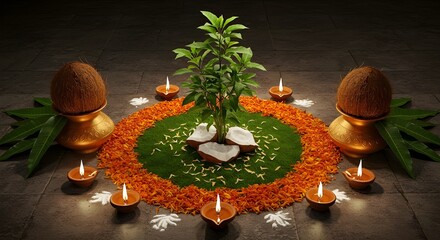 Traditional Hindu puja with green plant, rice border, marigold petals, and glowing diyas.