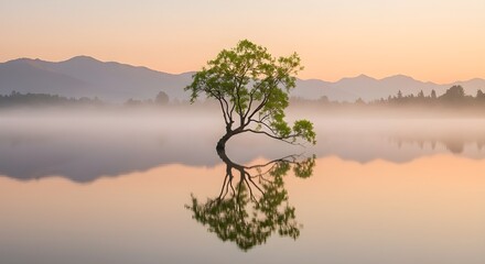 Peaceful morning scene featuring calm water, soft sky, and distant silhouetted mountains.