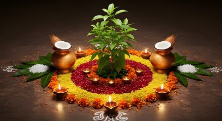 Traditional Hindu puja setup with marigold petals, oil lamps, brass urns, sacred ambiance.