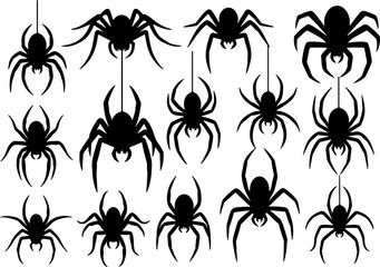 Set of Creepy Spider Silhouettes Hanging on Web Isolated on White Background
