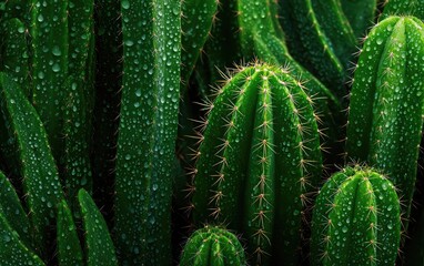 Fototapeta premium Close-up of several cacti with water droplets
