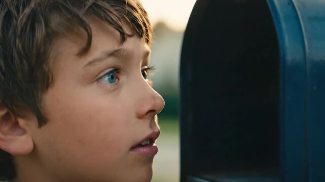 Boy with surprised expression looking into a mailbox