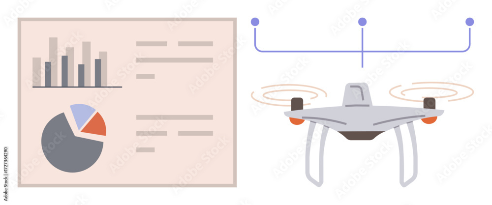 Poster quadcopter paired with data charts and graphs, visualizing connectivity, analysis, and innovation. i