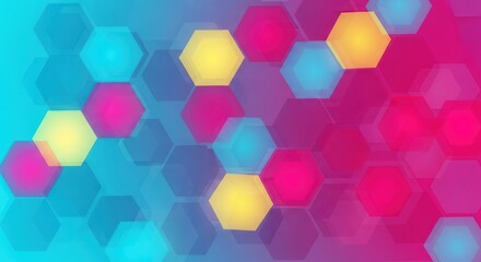 Abstract background with colorful hexagonal shapes in a gradient of blue, pink, and yellow.