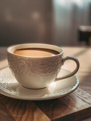 Fototapeta premium Cup of coffee on wooden table still life aesthetic