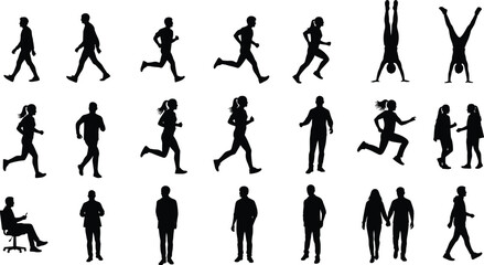 Silhouette collection of people in motion and static poses, walking, running, jumping, sitting, interacting, black vector figures for design and animation