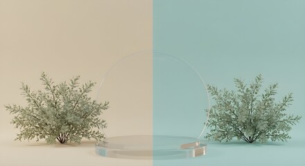 Twin Circular Frames with Green Bushes Highlight Balance and Color Contrast in Composition