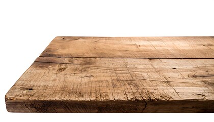 Rustic wooden table top, close-up perspective, shows wood grain and edge detail